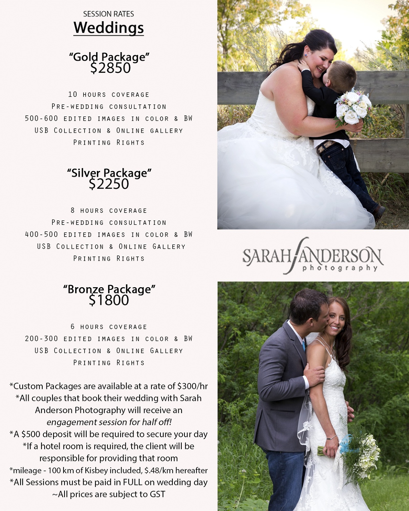 Sarah Anderson Photography - Wedding Pricing 2022